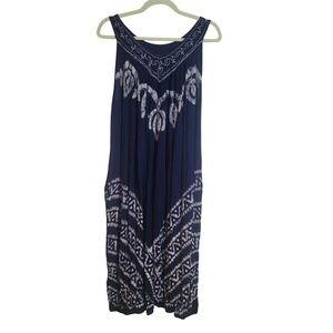Advance Apparels Navy Batik Cotton Embroidered Sleeveless Midi Dress OS Boho